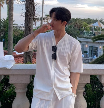 Korean Lazy Style V-neck Cardigan Short-sleeved T-shirt Men's Summer Straight Floor Pants Comfortable Casual Sports Joggers Set